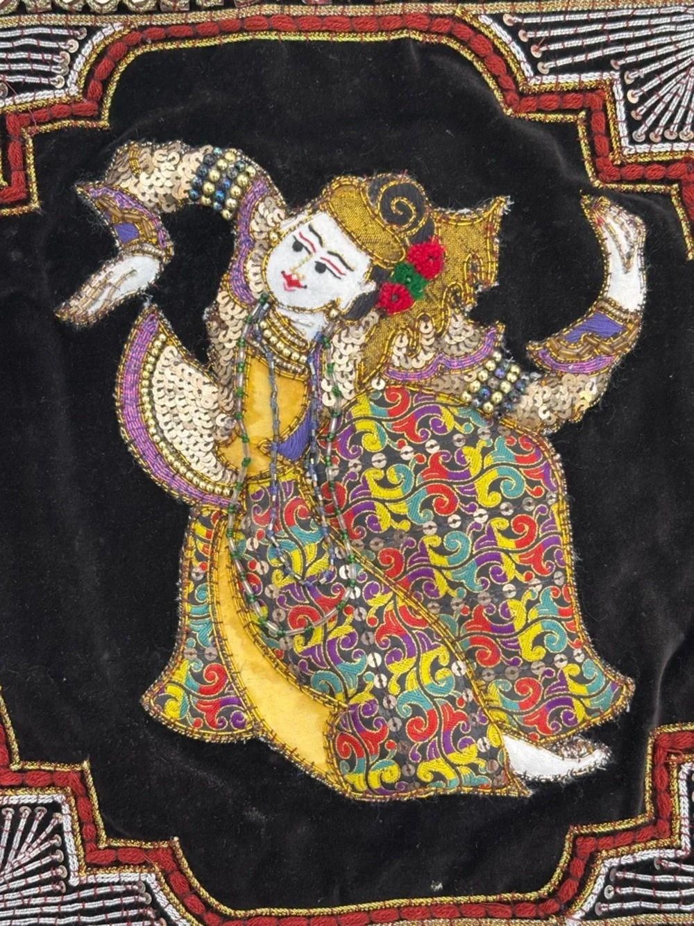 Vintage Kalaga Wall Hanging Asian Burmese Thai India Dancer Beaded Tapestry